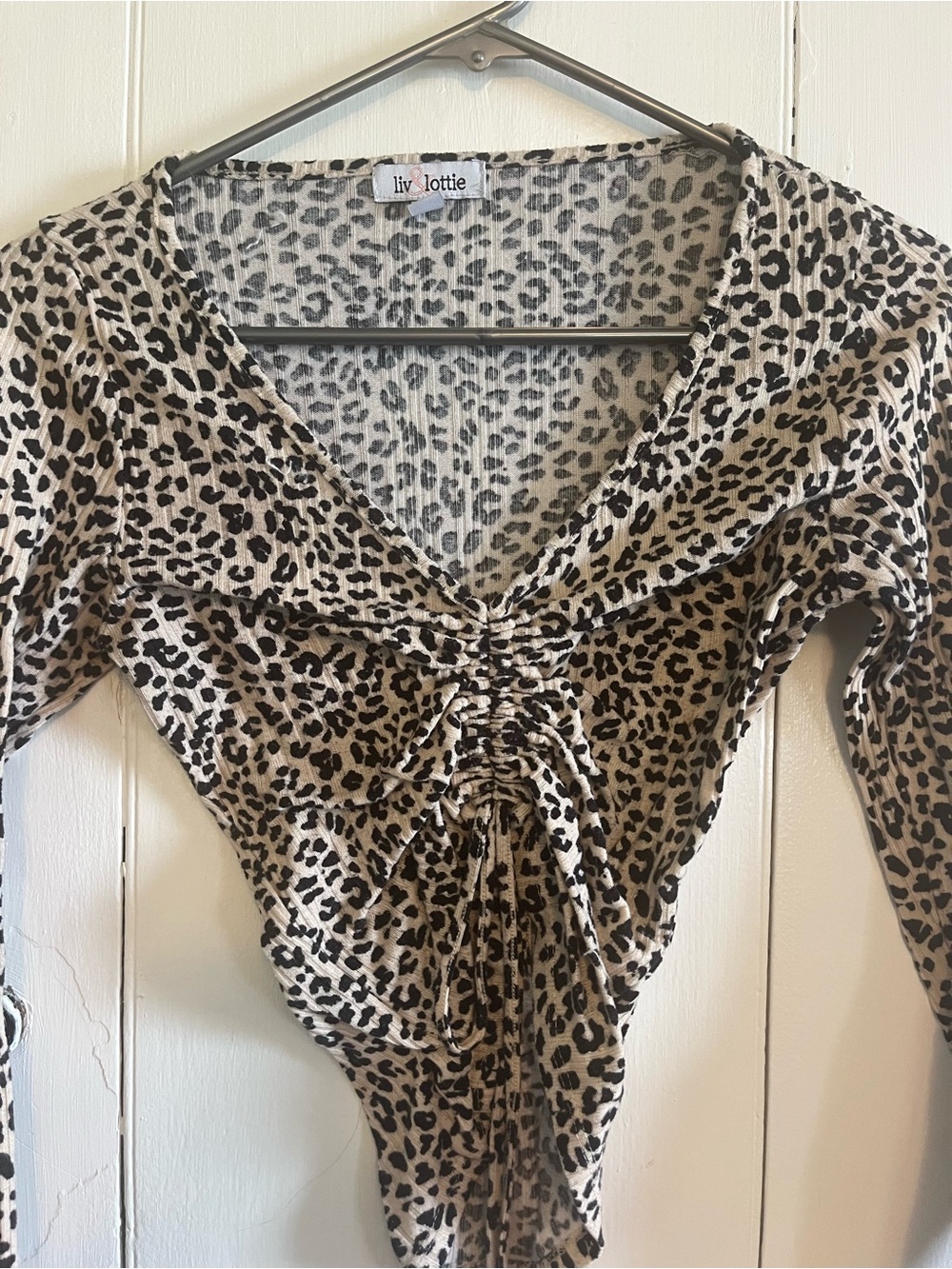 Liv Lottie Women's Beige and Black Leopard Print Ruched Top